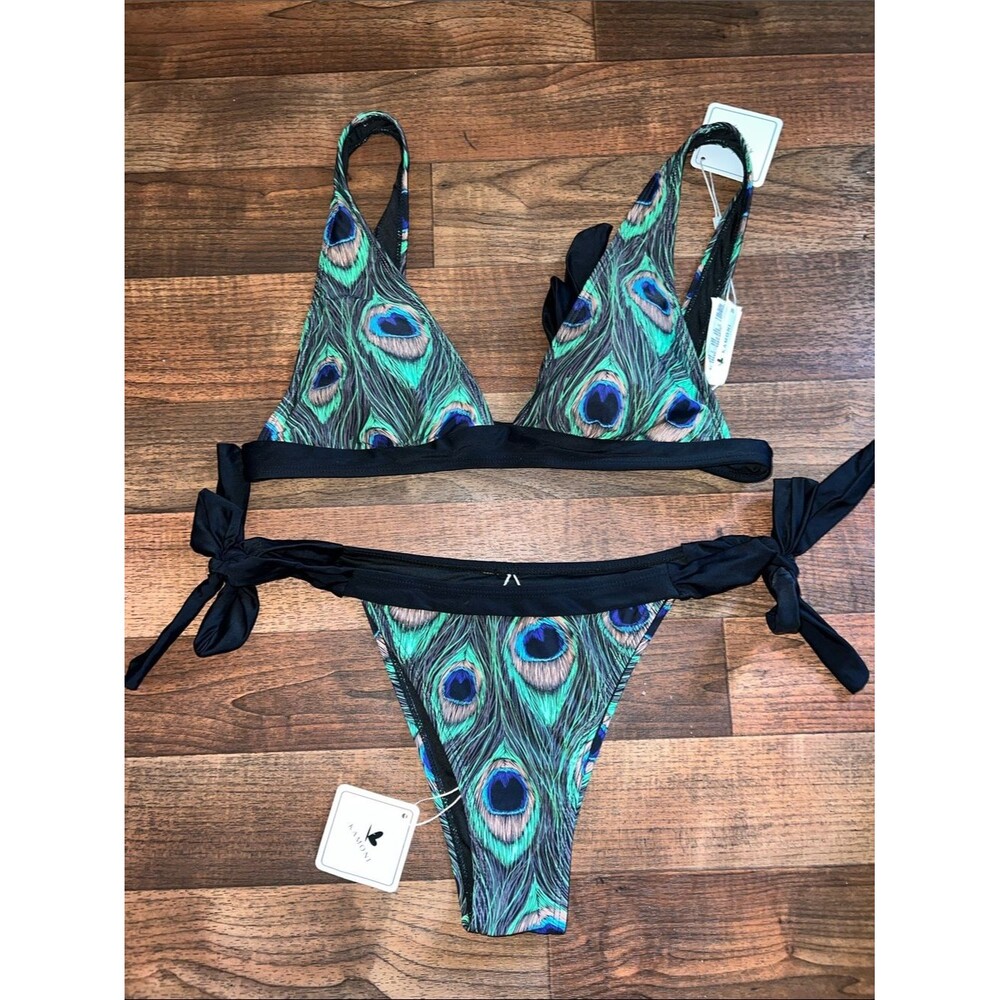 Peacock-Print Tie-Side Bikini Set with Black Trim